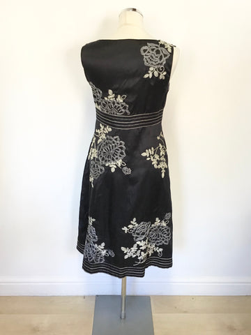 MONSOON BLACK WITH SILVER & IVORY FLORAL EMBROIDERY SLEEVELESS OCCASION DRESS SIZE 10