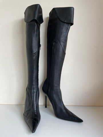 MODA IN PELLE BLACK KNEE LENGTH HIGH HEEL LEATHER BOOTS  SIZE 4/37