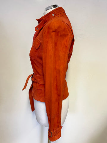 KAREN MILLEN BURNT ORANGE SUEDE ZIP UP BELTED JACKET SIZE 10