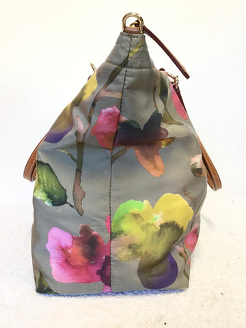 ITALIAN ROBERTA PIOU TAN LEATHER & FLORAL PATTERN FABRIC SHOULDER SHOPPER BAG