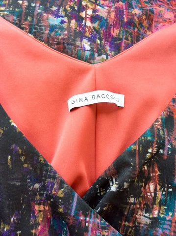 GINA BACCONI MULTI COLOURED PRINT SLEEVELESS DRESS SIZE 16