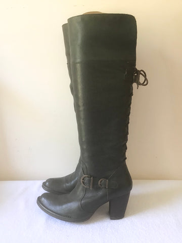 CLARKS DARK GREEN LEATHER LACE UP  & BUCKLE TRIM KNEE LENGTH BOOTS SIZE 5/38