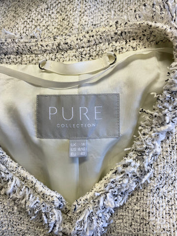 PURE COLLECTION CREAM & BLACK WEAVE FLECK FRINGE TRIMMED JACKET SIZE 14