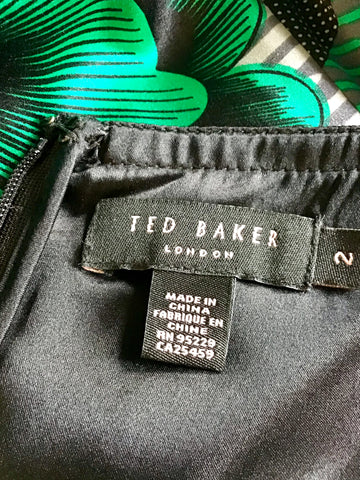 TED BAKER BLACK,GREY & GREEN PRINT SILK STRAPPY SPECIAL OCCASION DRESS SIZE 2 UK 10