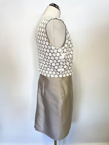 HOBBS INVITATION OYSTER BEIGE WITH WHITE CROCHET LACE TRIM PENCIL DRESS & JACKET SUIT SIZE 14