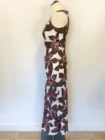 HOBBS WHITE,BROWN & PINK LONG LINEN FLORAL PRINT DRESS SIZE 10