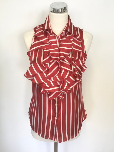 RALPH LAUREN RED & WHITE STRIPE FRILL TRIM SLEEVELESS BLOUSE SIZE 6 UK 10