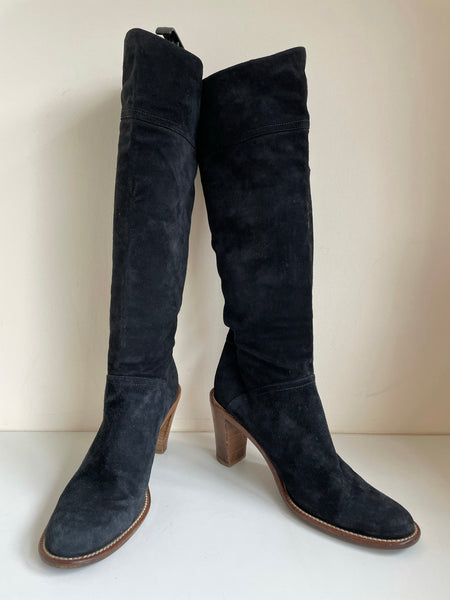 HOBBS BLACK SUEDE PULL ON KNEE LENGTH HEELED BOOTS SIZE 5/38