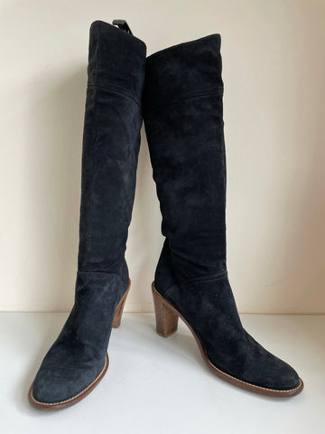 HOBBS BLACK SUEDE PULL ON KNEE LENGTH HEELED BOOTS SIZE 5/38