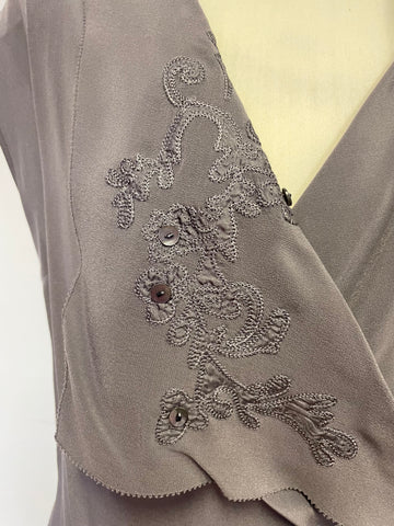 MINT VELVET GREY SILK EMBROIDERED & SEQUINNED DRAPED WRAP ACROSS SLEEVELESS DRESS SIZE 10