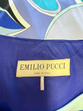 EMILIO PUCCI BLUE,LILAC & TURQOUISE SHADES PRINT 3/4 SLEEVE BELTED SPECIAL OCCASION DRESS SIZE 10