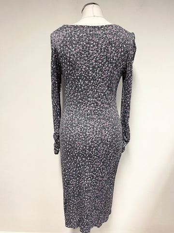 GHOST GREY & PINK PATTERNED LONG SLEEVED STRETCH PENCIL DRESS SIZE 8