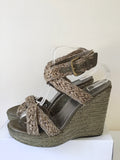 STUART WEITZMAN KHAKI TEXTILE WEAVE & LEATHER WEDGE HEEL SANDALS SIZE 7/40