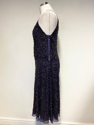 HOBBS PURPLE SEQUINNED SILK STRAPPY COCKTAIL DRESS  SIZE 12