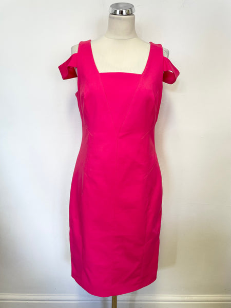KAREN MILLEN HOT PINK COLD SHOULDER STRAP PENCIL DRESS SIZE 14