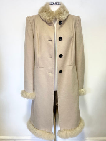 THE ALPACA COLLECTION BEIGE FUR TRIM MID LENGTH ALPACA BLEND COAT SIZE L
