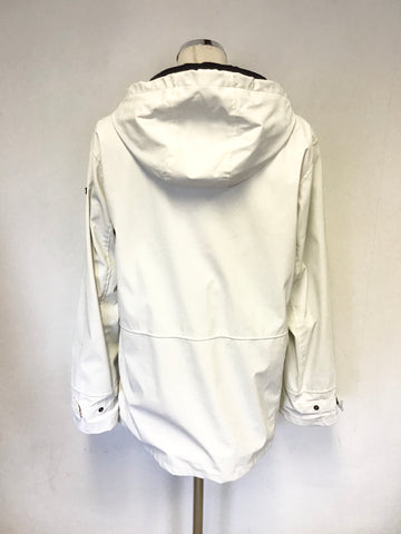 BATELA WHITE & NAVY BLUE LINED HOODED WATERPROOF NAUTICAL JACKET SIZE 40 UK 12