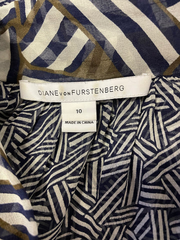 DIANE VON FURSTENBERG NAVY BLUE,CREAM & BROWN PRINT SILK TIE NECK BLOUSE SIZE 10 UK 14