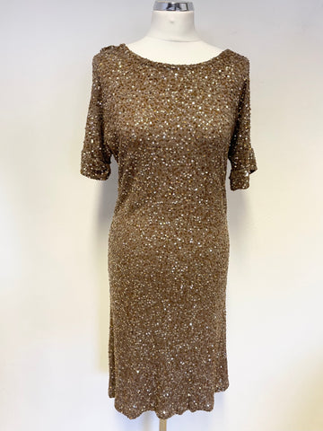 JIGSAW LIGHT BROWN & GOLD SEQUINNED SHORT SLEEVE SHIFT DRESS SIZE S