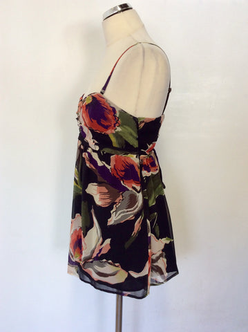 TED BAKER BLACK & MULTI COLOURED FLORAL PRINT SILK TOP SIZE 3 UK 12