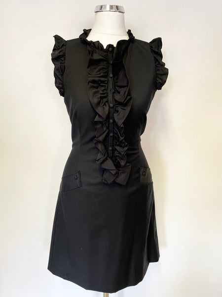 TED BAKER BLACK WOOL BLEND & SILK FRILL TRIM SLEEVELESS DRESS SIZE 1 UK 8/10