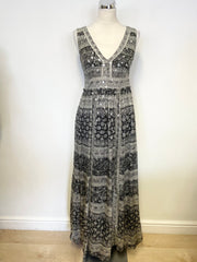 MONSOON BLACK,GREY & SILVER METALLIC SILK SLEEVELESS MAXI DRESS SIZE 8