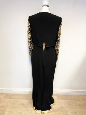 HELEN SYKES BLACK & GOLD BRAID TRIMMED LONG EVENING DRESS & MATCHING BOLERO JACKET SIZE 16