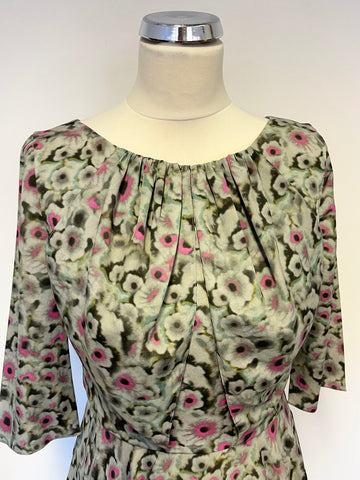 ERDEM GREEN,GREY & PINK FLORAL PRINT SILK HALF SLEEVE FIT & FLARE DRESS SIZE 12