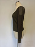 MARCCAIN KHAKI GREEN FINE KNIT SHEER SILK LONG SLEEVE TOP SIZE N3 UK  14