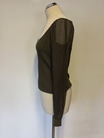 MARCCAIN KHAKI GREEN FINE KNIT SHEER SILK LONG SLEEVE TOP SIZE N3 UK  14