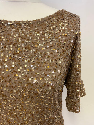 JIGSAW LIGHT BROWN & GOLD SEQUINNED SHORT SLEEVE SHIFT DRESS SIZE S