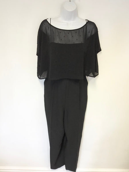 MINT VELVET BLACK SHOESTRING STRAP JUMPSUIT WITH SEMI SHEER BEADED OVER TOP SIZE 14