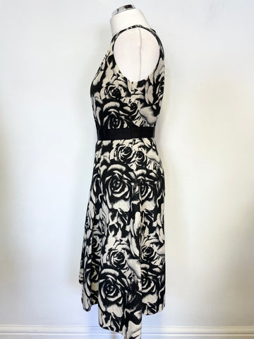 HOBBS INVITATION BLACK & CREAM FLORAL PRINT SLEEVELESS FIT & FLARE DRESS SIZE 10