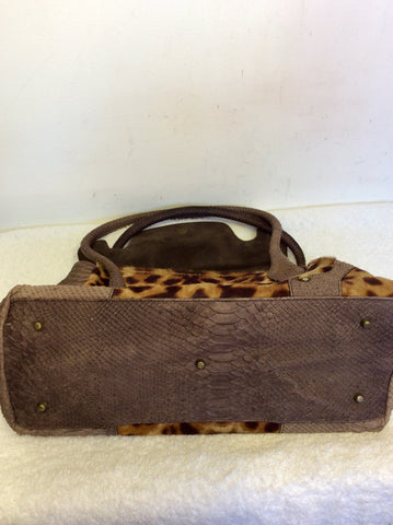 TOSCA BLU BROWN LEATHER SNAKESKIN & LEOPARD PRINT PONYSKIN SHOULDER BAG