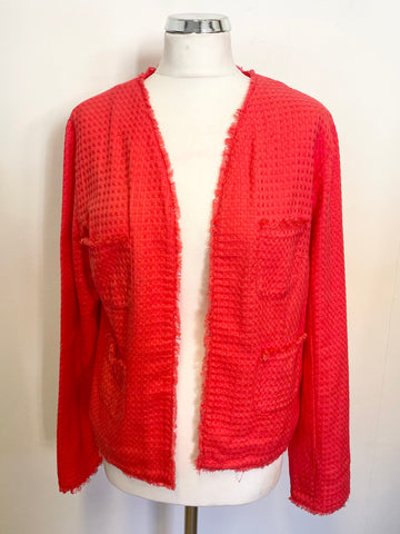 HUSH CORAL COLLARLESS LONG SLEEVE COTTON JACKET SIZE 12