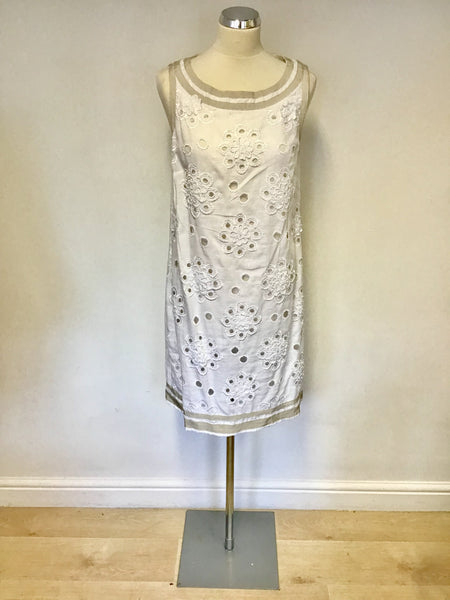 RENE DERHY WHITE EMBROIDERED & BEADED FLORAL DESIGN LINEN SHIFT DRESS SIZE L UK 14