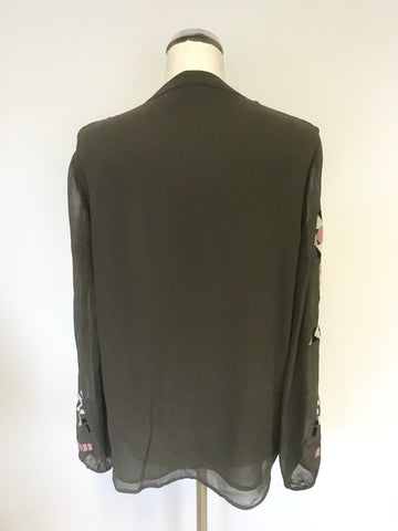 MINT VELVET BROWN V NECK EMBROIDERED SLEEVE BLOUSE SIZE 14