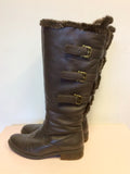 ARA DARK BROWN LEATHER BUCKLE TRIM FAUX FUR TRIM FLAT BOOTS SIZE 4.5/37.5