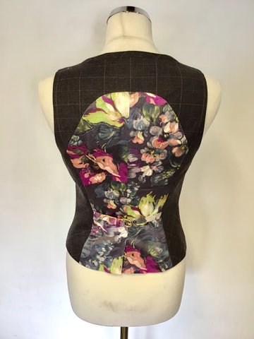 TED BAKER DARK BROWN CHECK WOOL BLEND WAISTCOAT & TROUSERS SIZE 1 UK 10