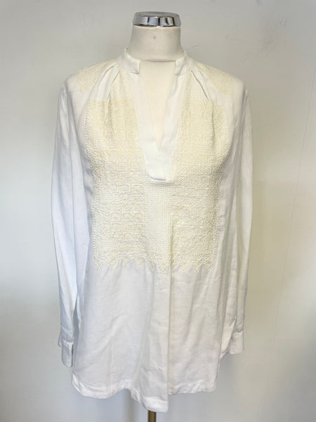 NOA NOA WHITE & CREAM EMBROIDERED BIB LINEN BLEND TUNIC TOP SIZE S