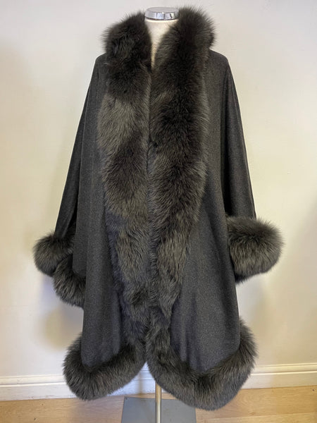HUNDRED PERCENT CASHMERE DARK GREY FUR TRIM LARGE WRAP AROUND ONE SIZE
