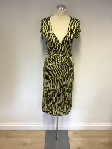 LK Bennett Brown & Lime Green Silk Wrap Dress Size 12