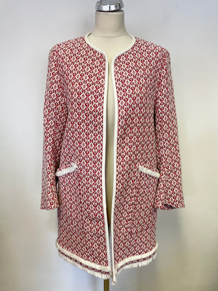 ZARA BASIC RED & WHITE DIAMOND WEAVE COLLARLESS FRINGED EDGE SHORT COAT SIZE XL