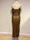 MONSOON BRONZE BEADED & SEQUINNED SILK STRAPPY EVENING DRESS SIZE 14