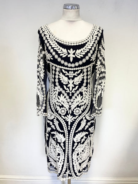 PHASE EIGHT NAVY BLUE MESH WITH WHITE COTTON EMBROIDERY PENCIL DRESS SIZE 14