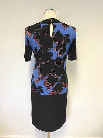 MARKS & SPENCER BLACK,BLUE & RED PRINT SHORT SLEEVE STRETCH DRESS SIZE 10
