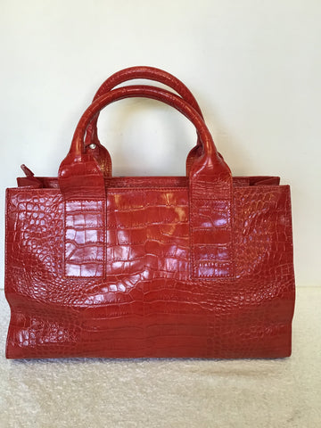 HOBBS RED LEATHER CROC DESIGN TOTE BAG