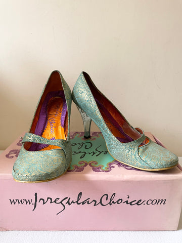 IRREGULAR CHOICE TURQUOISE & GOLD PAISLEY PRINT PERSPEX HEELS SIDE 7/40