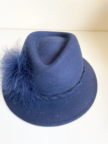 UNBRANDED NAVY BLUE WOOL HAND TRIMMED TRILBY HAT