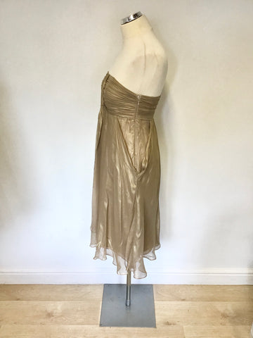 MONSOON PALE GOLD SILK STRAPLESS DRESS SIZE 10